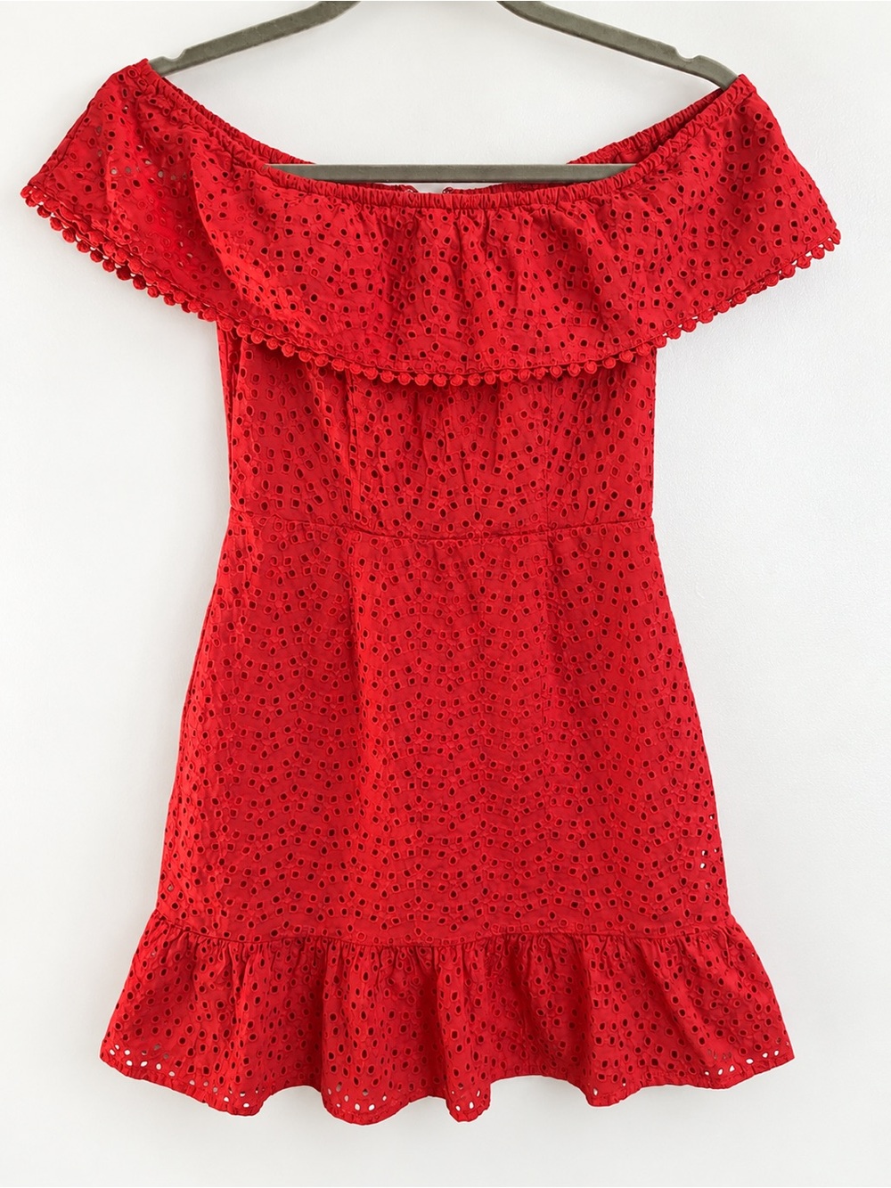 City Studio coquette romantic feminine eyelet lace off shoulder mini dress